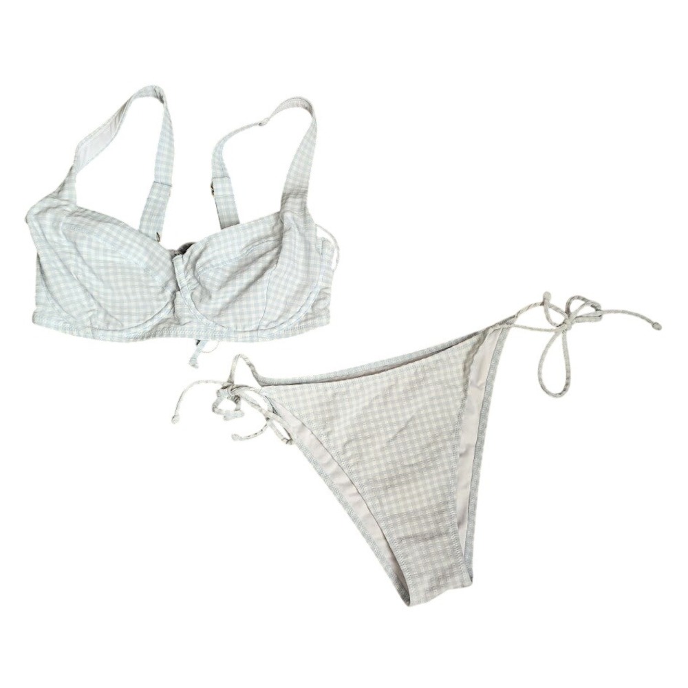 VICTORIA'S SECRET‎ Gingham Bikini Set Blue White Tie Side Bottom M 36D